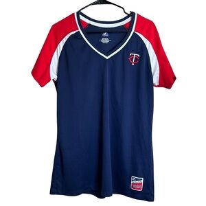 Majestic MLB Minnesota Twins Baseball V-Neck Navy Jersey Shirt Women’s Size 2XL
